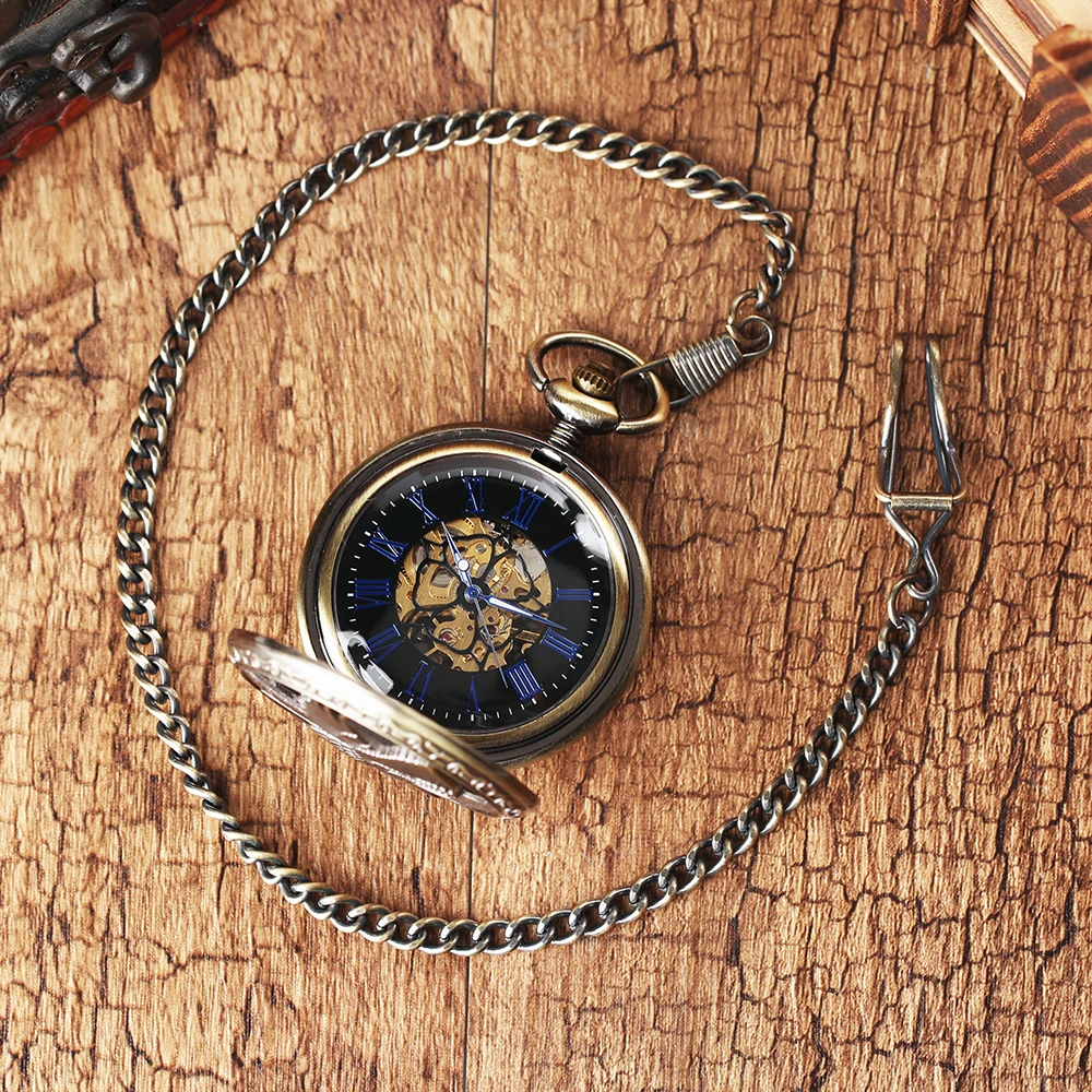 Bronze Hollow Eagle Carved Mechanical Hand Winding Pocket Watch Blue Roman Numeral Dial Fob Chain Pendant Timepiece Gift Men