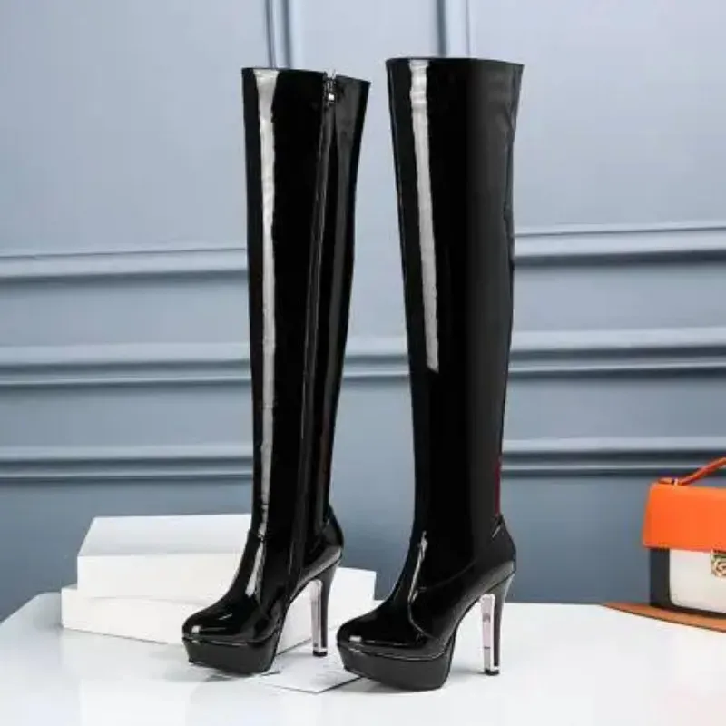 Patent PU Leather Red Black Womens Overknees Platform Thin High Heels Booties Big Size 46 Woman Over-the-knee Boots