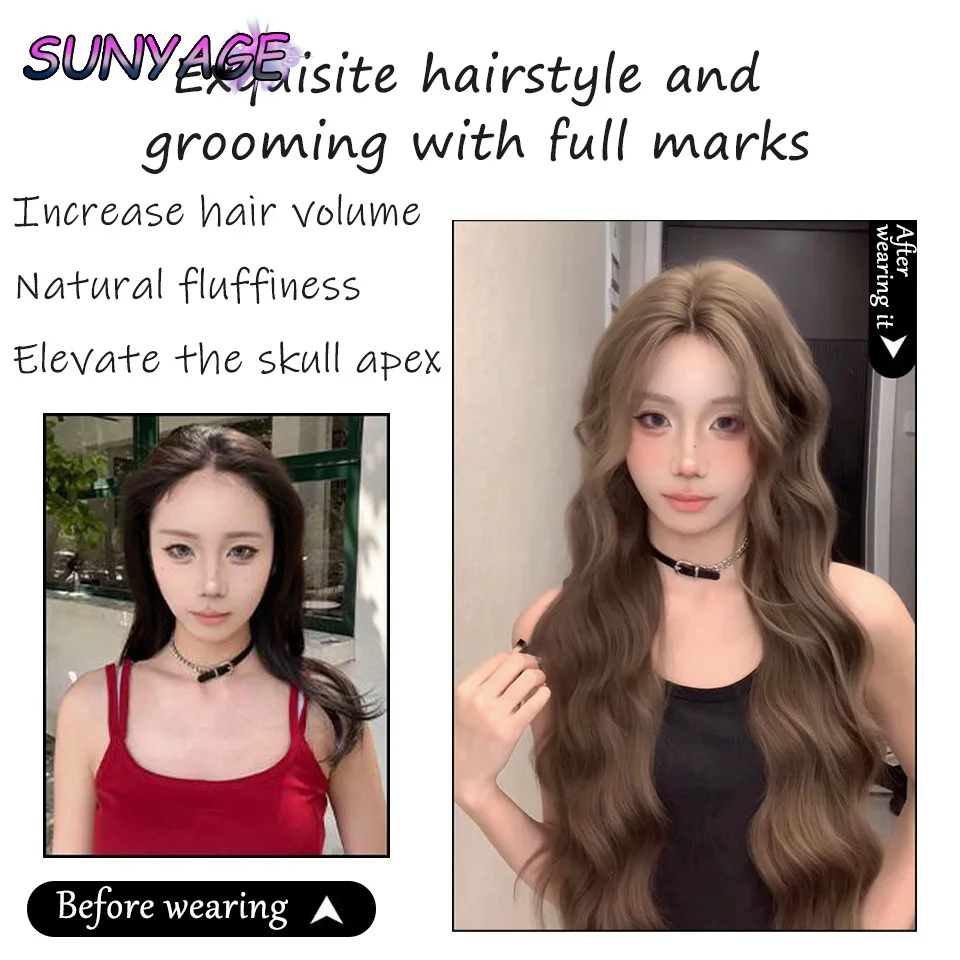 SUNYAGE Synthetic wig brownblack long hair with no trace thin breathable split forehead lace eight character Liu Hai ripple wome