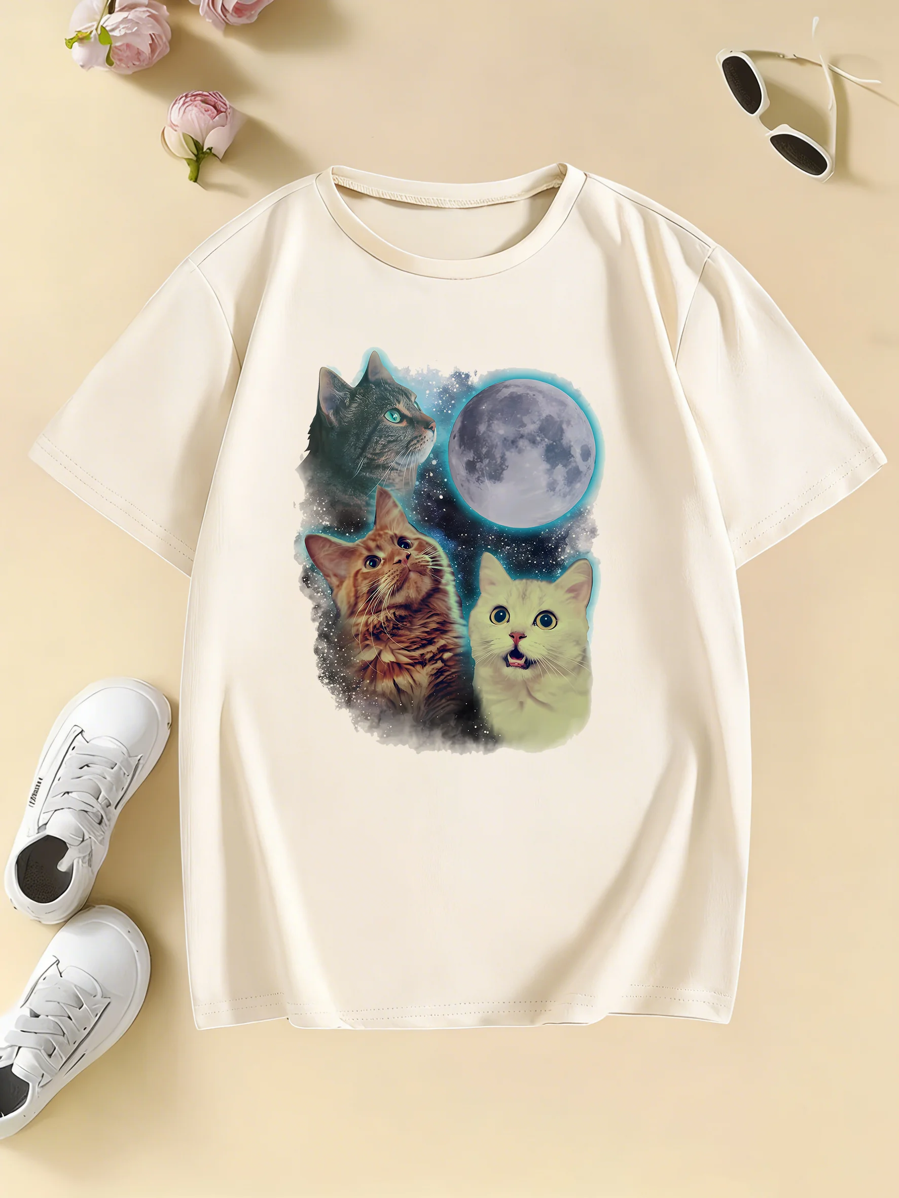 T-Shirts mit Katzen- und Mond-Design, Manga-T-Shirt für Kinder, Jungen und Mädchen, Sommer, Frühling, lässiges Top-T-Shirt