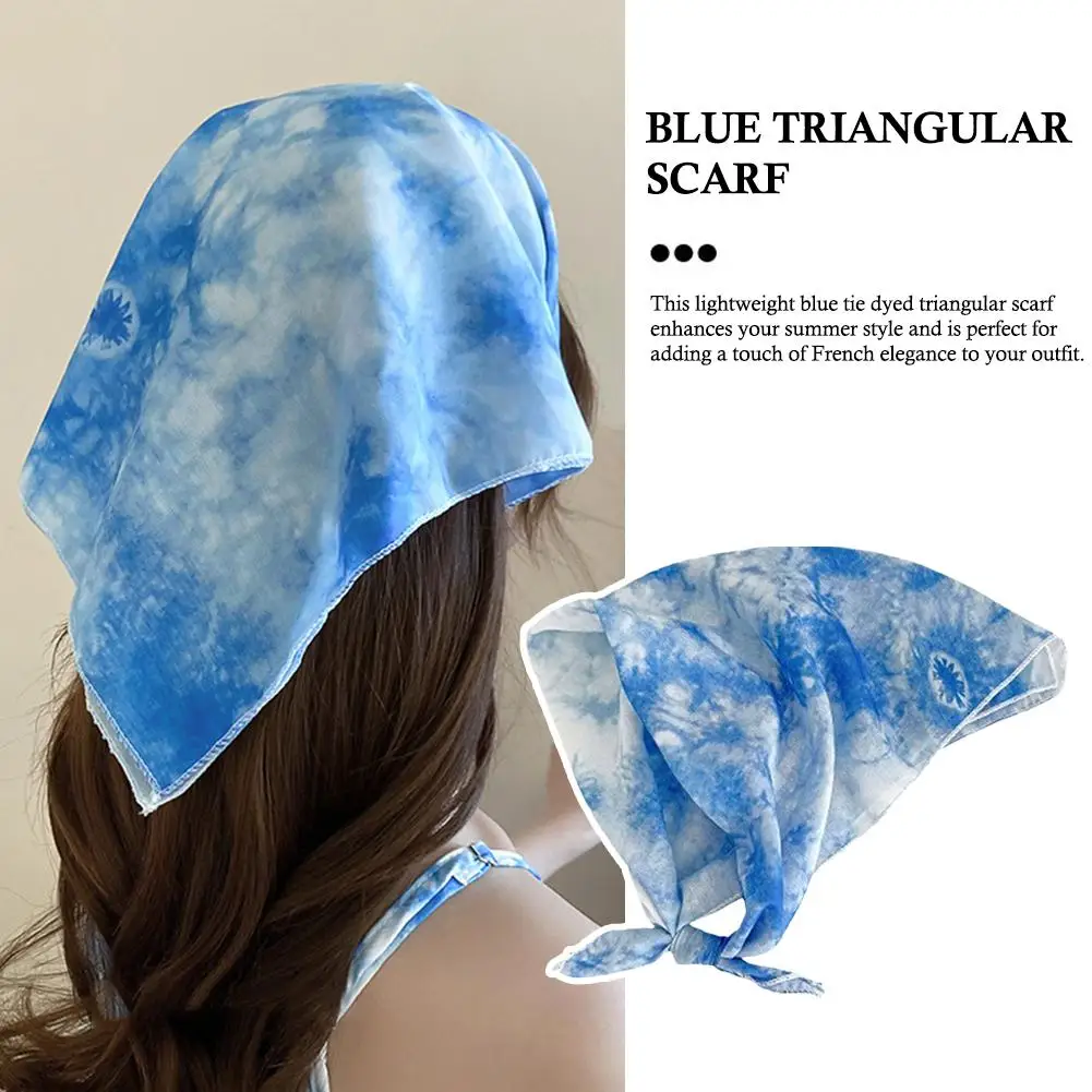 

Blue Tie Dye Triangle Scarf Women's Thin Summer French Decoration Photos Veil Headscarf Retro Wrapped Style Pastoral Headba U2G4