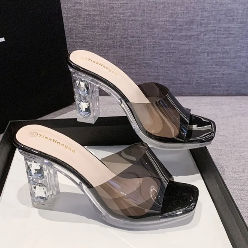 

Thick Heel Sandals Women Slippers Catwalk High Heels 9.5CM Sexy Waterproof Table Transparent Crystal Fish Mouth Slippers Women