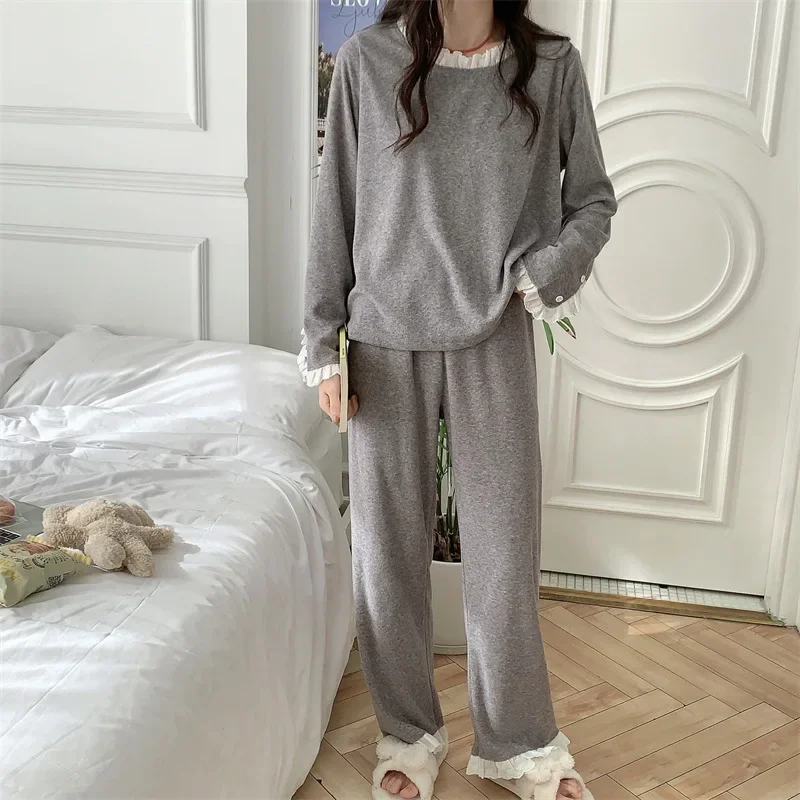 Pajamas for Women Simple and Comfortable Lace Long Sleeved Sleepwear Set Casual Loose Round Neck Gray Soft Home Suit for Women