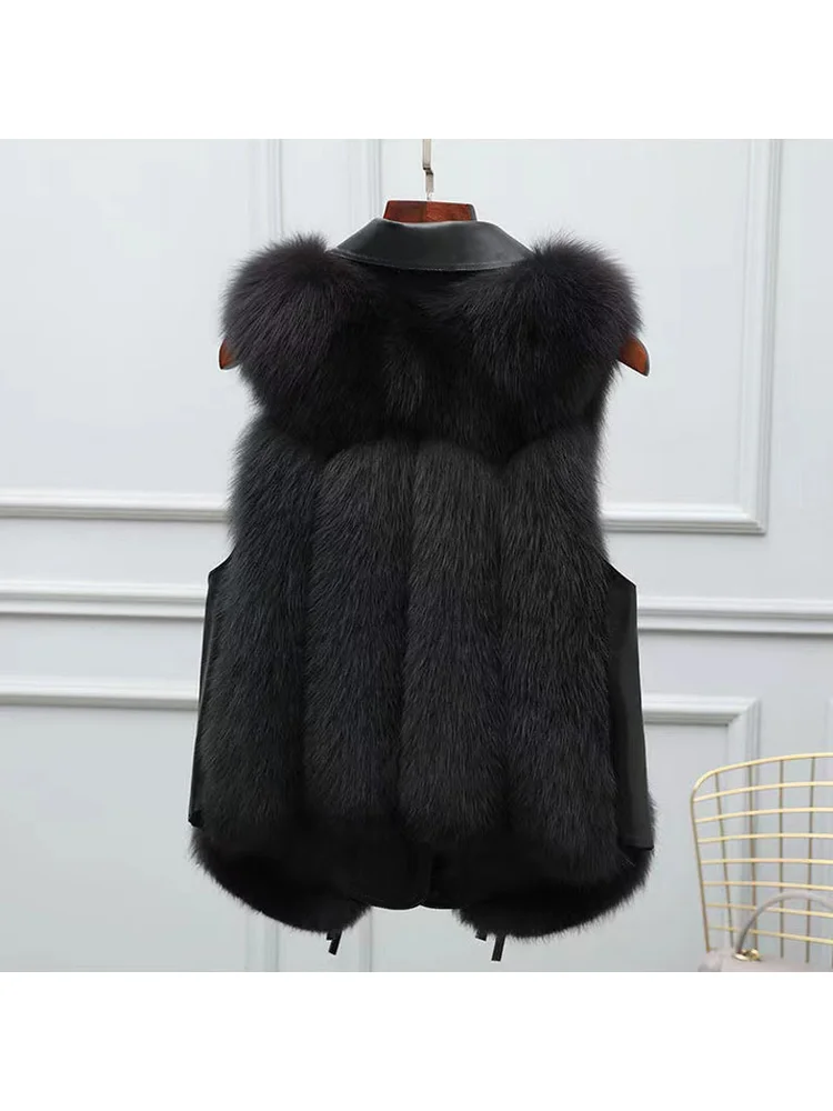 ヨーロッパ系アメリカ人ファッション ハンサム フェイクファー PU スプライシングベスト 秋冬 エレガンス ラペル バイク ブラウン ノースリーブジャケット