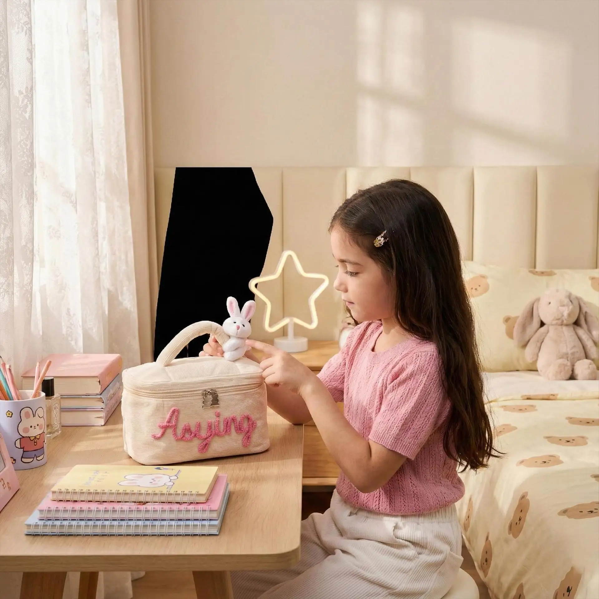 

Fashionable wool personalized name corduroy rabbit dress makeup storage coin purse