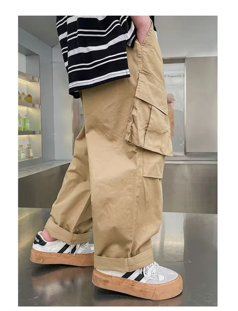 Boys Cargo Pants Kids Vintage Streetwear Straight Trousers Children Spring Fall Loose Wide-Legged Pants Teenager Casual Clothing