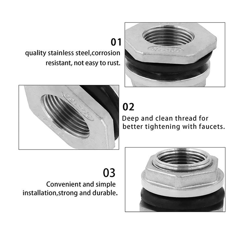 

Переборка AA86 SUS304 Сквозной фитинг из нержавеющей стали для дождевых бочек, аквариумов, 1,2 дюйма
