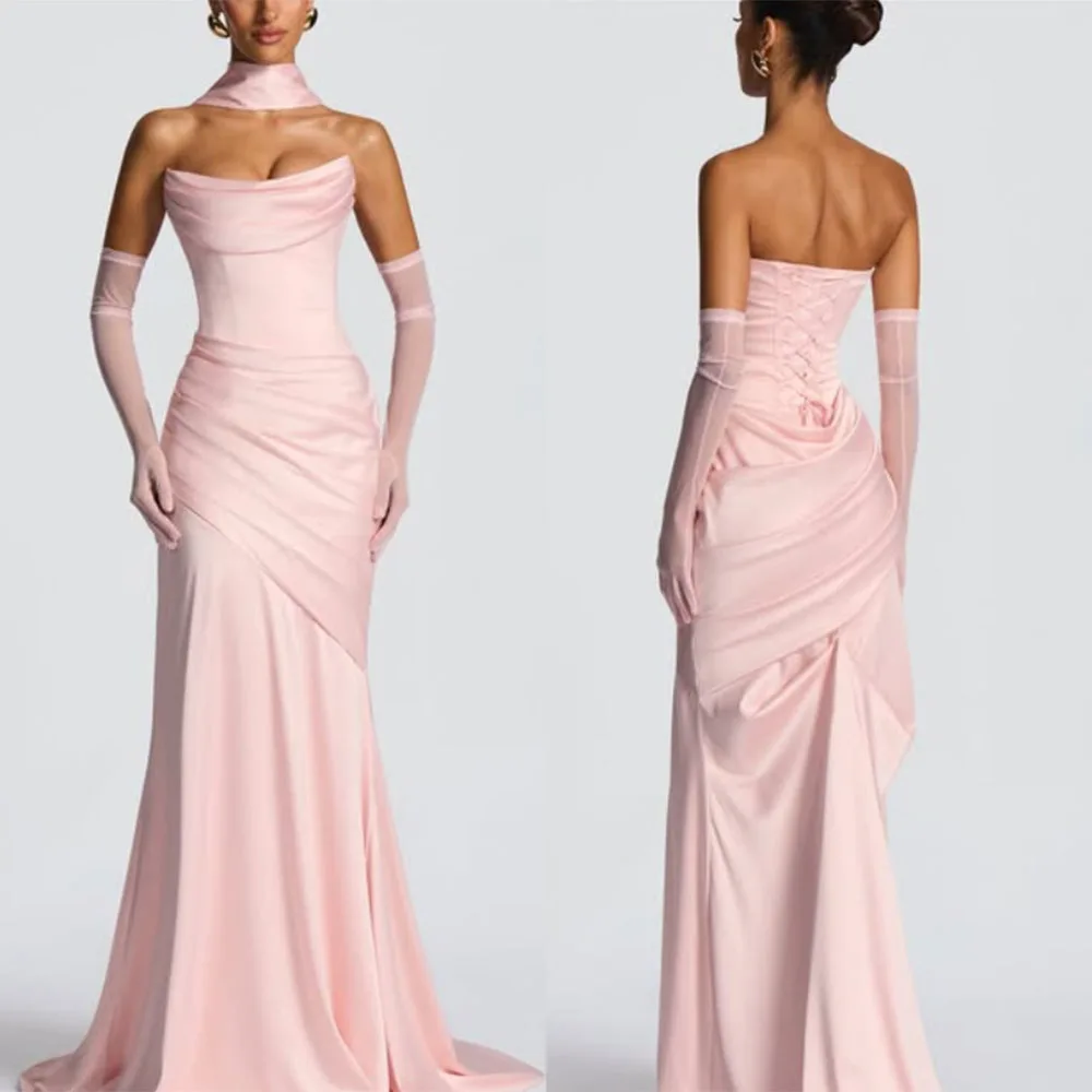 

High Quality Customized Strapless A-line Pink Backless Back Strap Sweep Train Vestidos Elegantes Para Mujer Para Una Boda فستان