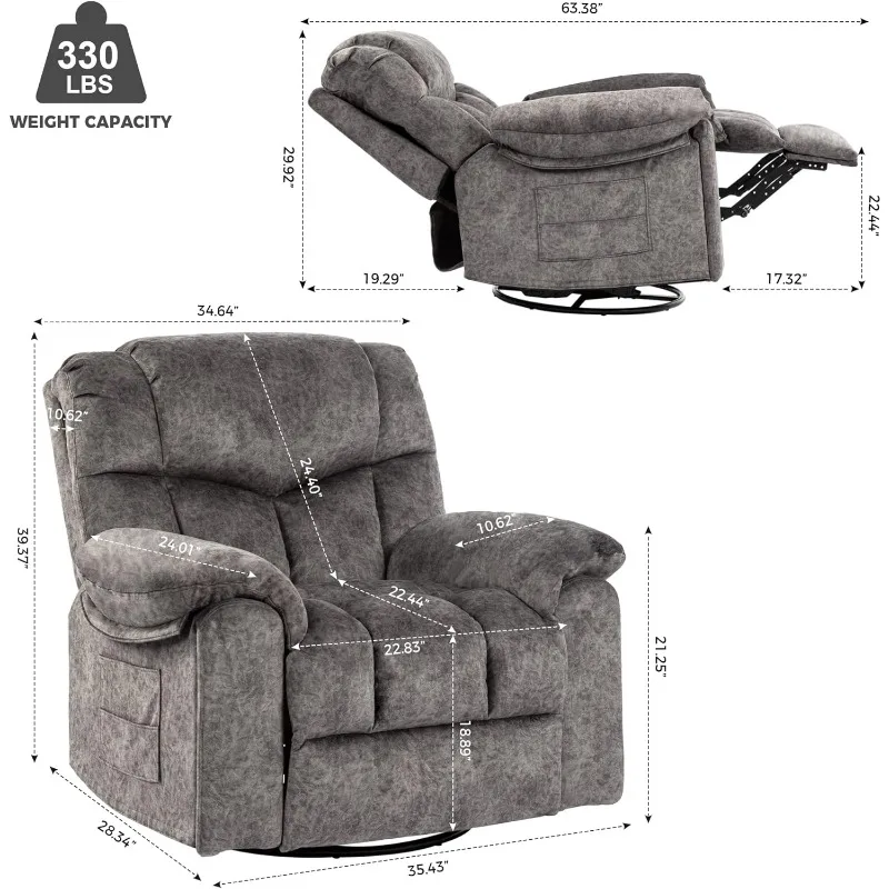 Recliner Chair Massage Rocker Swivel Heated with Hideable Cup Holders, 360°Swivel Vibrating Massage Fabric 22.8in Wide Recliner