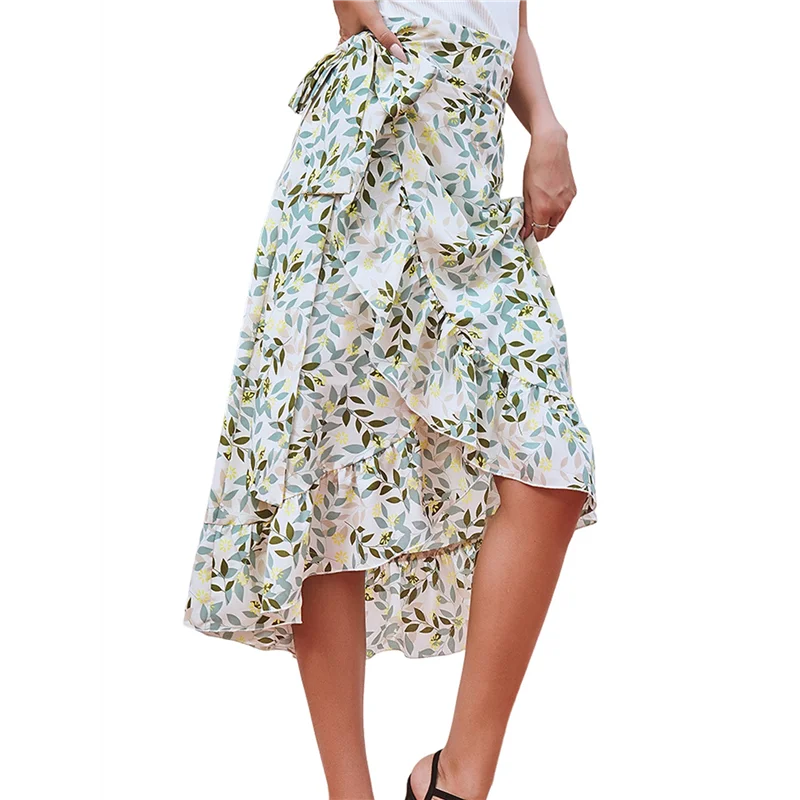 

ASDS-Женская юбка-миди в стиле бохо с цветочным принтом и запахом спереди, с завязками на узле, с рюшами и подолом, зеленые цветы L