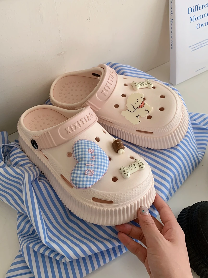 

Beach Holiday Sandals Women's Summer Korean Style Cute Little Dog Plaid Heart Hole Hole Shoes Hollow out Design EVA Material