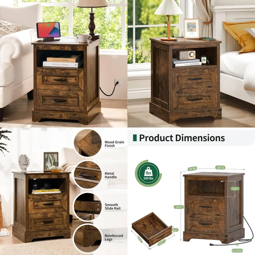 منضدة خشبية لمحطة شحن مع أدراج ورف تخزين مفتوح، وطاولة بجانب السرير لأسلوب المزرعة الحديثة #1