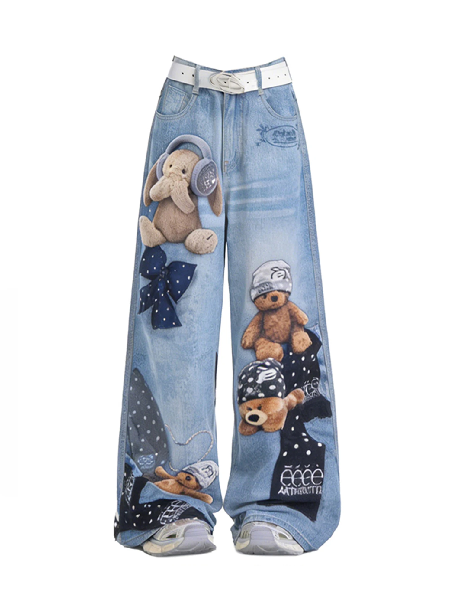

Women Blue Y2k Wide Jeans Bear Pattern Graffiti Print Jean Pants Vintage Harajuku Baggy Grunge Denim Trouser Alternative Clothes