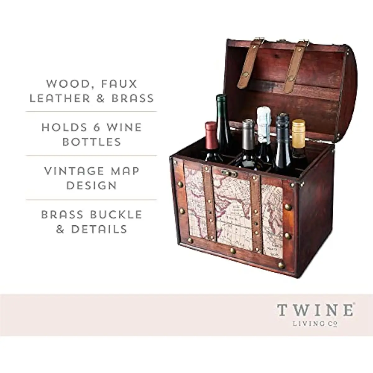 Vintage Wooden Wine Case with Antique Map Finish – Six-Bottle Capacity Decorative Storage Box Featuring Faux Leather Straps Bras