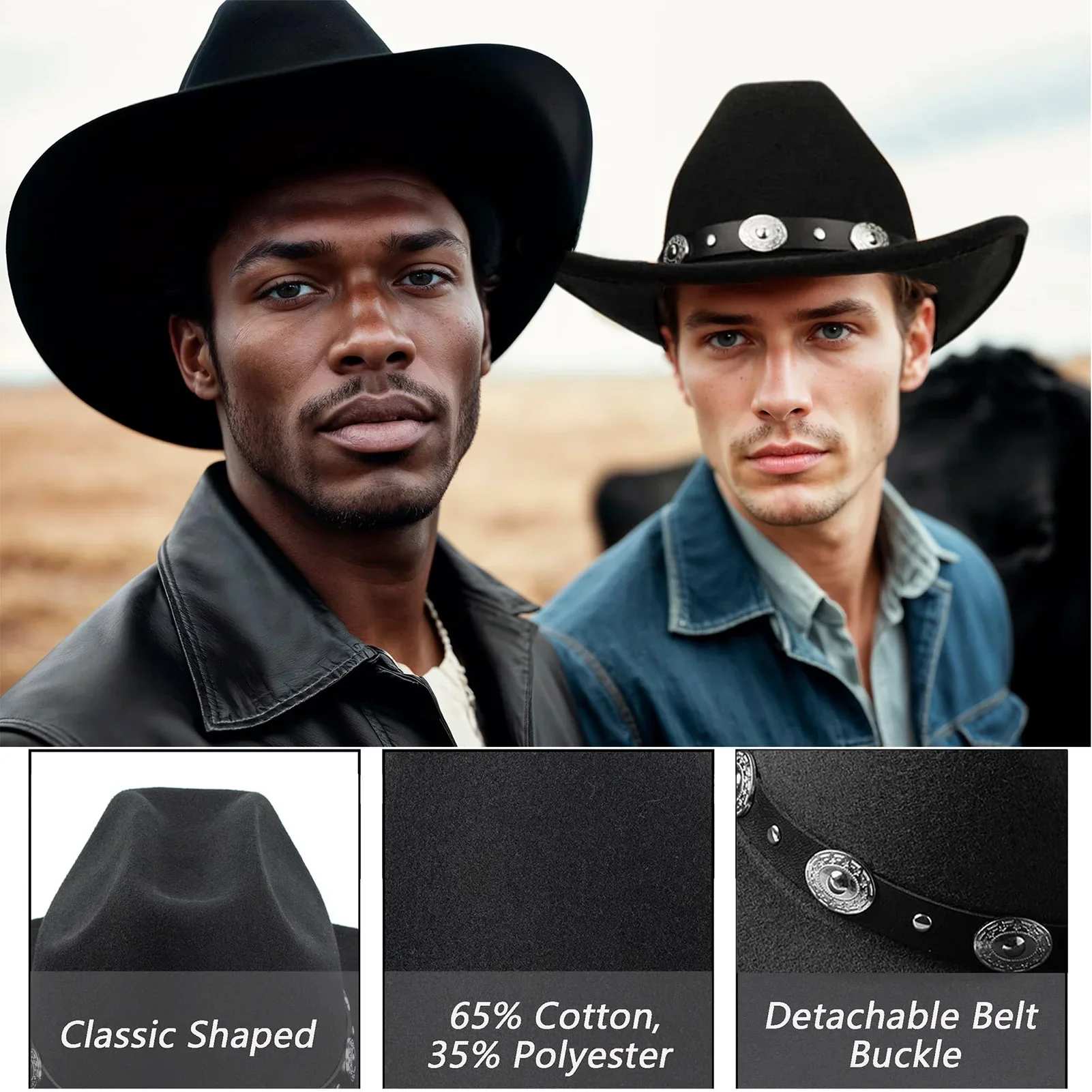6722 6 Pcs Cowboy Hat Felt Wide Brim Cowgirl Hats With Belt Classic Outdoor Western Felt Cowboy Hat for Women Men | Wide Brim Belt  main image 4