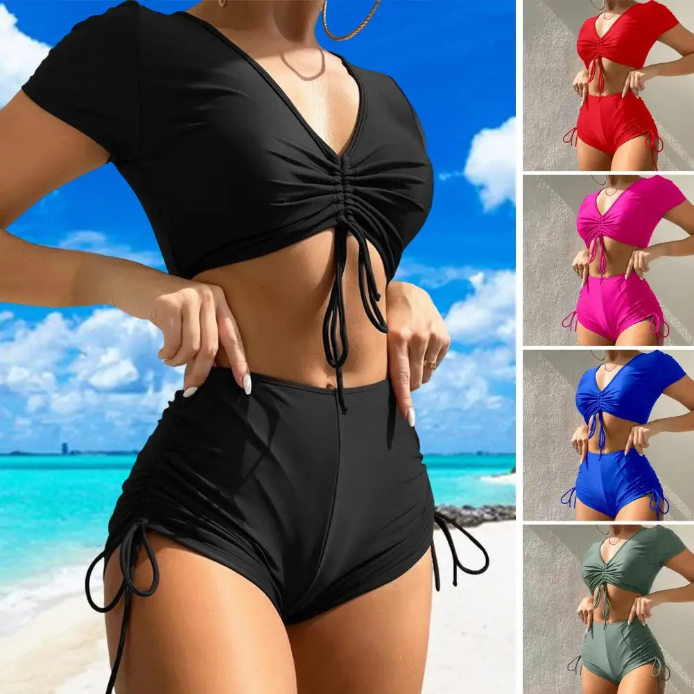 Bow Tie Swimsuit Solid Color Swimsuit Stylish Women's Summer Bikini Set with V-neck Short Sleeve Tops High Waist for Beach