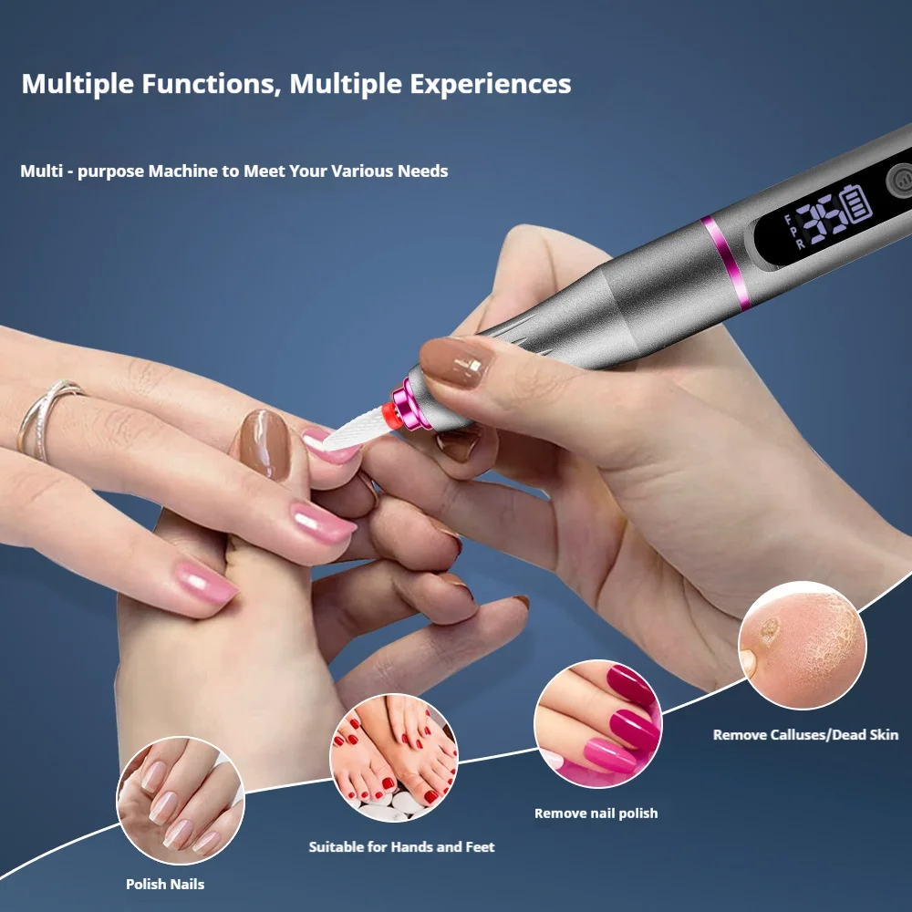 Rechargeable Electric Nail Drill Kit with 6 Bits and Type-C, Portable Manicure File for Polishing, Buffing & Cuticle Removal