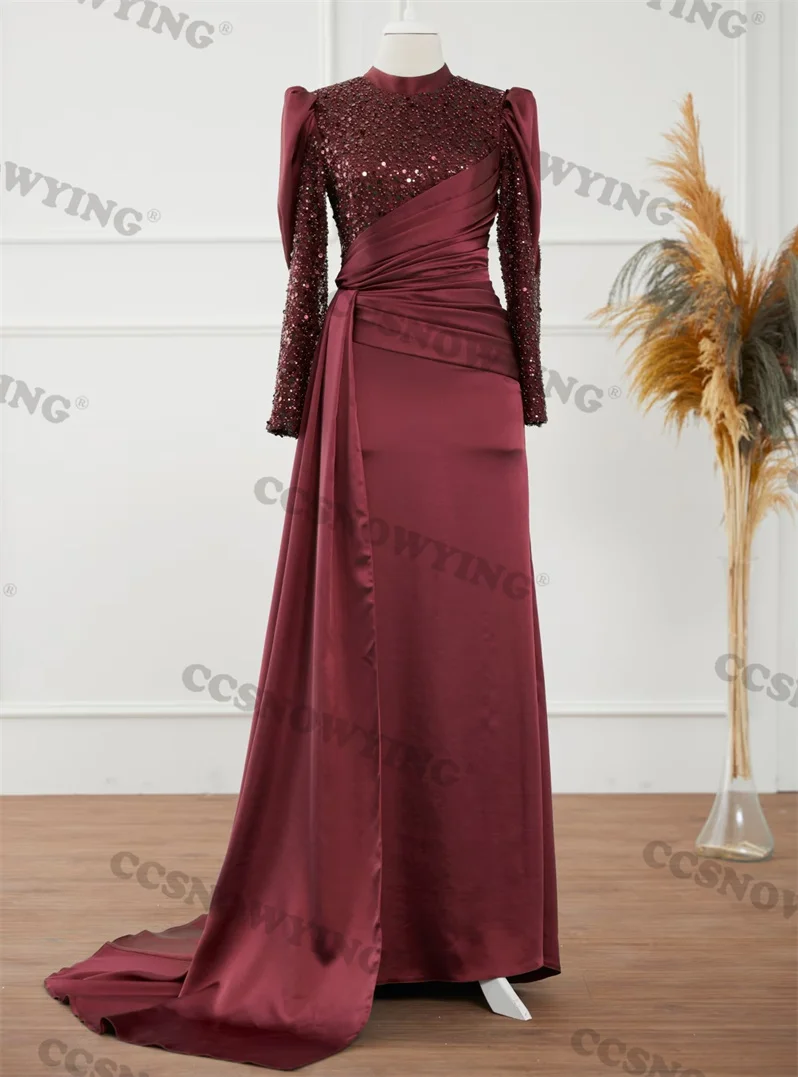 

Burgundy Sequin Beaded Muslim Evening Dress Islamic Satin Long Sleeve Formal Party Gown Women Arabic Kaftan Robes De Soirée