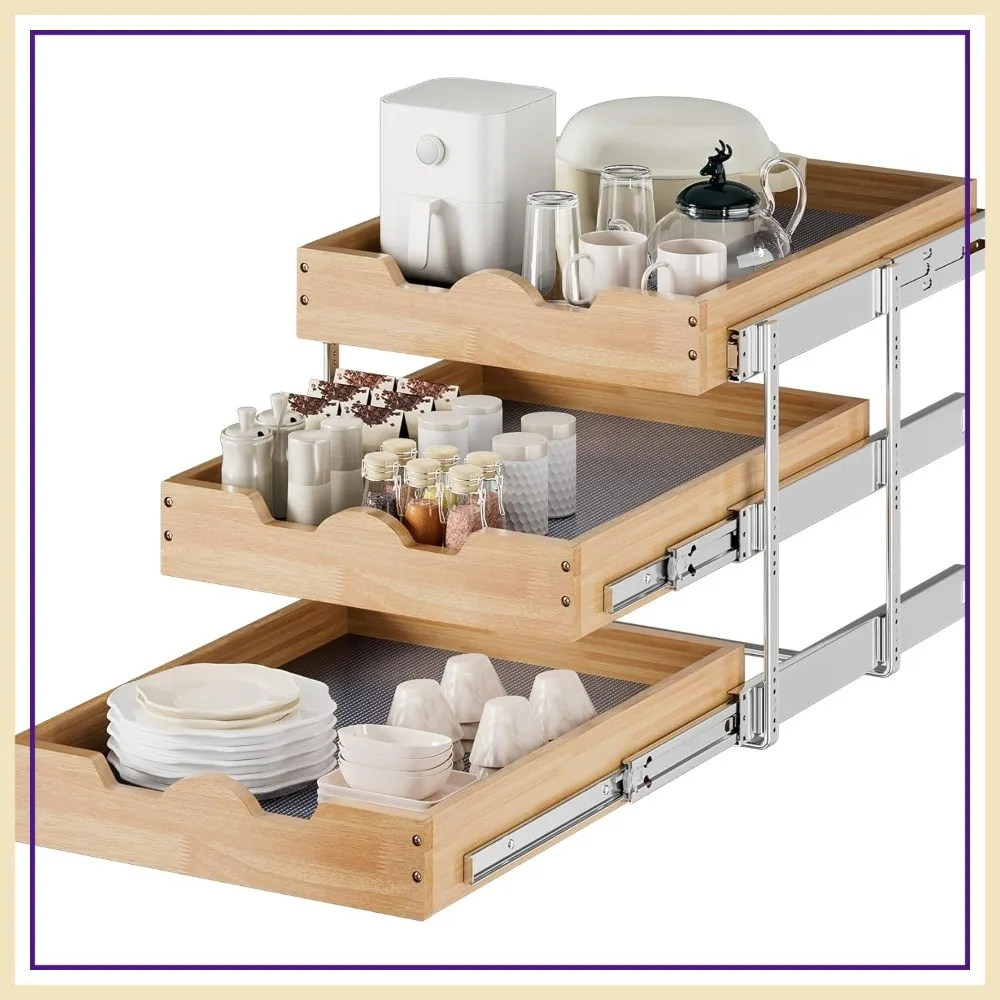 

3 Tier Pull Out Cabinet Organizer 17"W x 21"D Slide Out Shelves with Shelf Liner for Kitchen Wood Roll Out Drawers Pantry