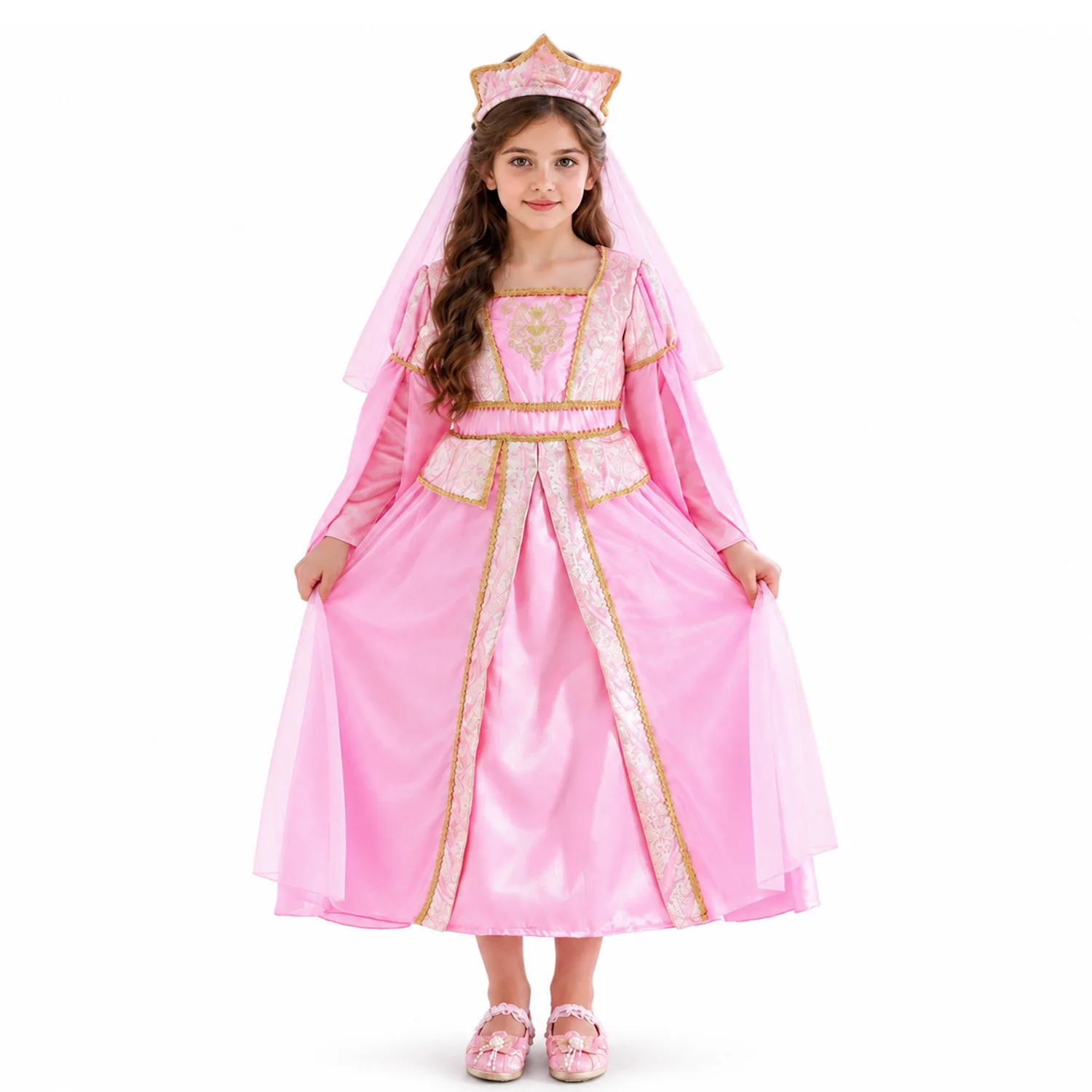 Girls Vintage Pink Royal Princess Costume Kids Long Sleeve Embroidery Gown with Crown Veil Pageant Arabic Birthday Outfit ZYD47