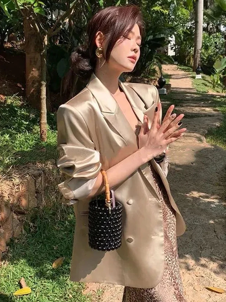 

Elegant Satin Blazer Women Fashion Long Sleeve Slim Korean Suit Coat Casual Fall Winter Female Sweet Solid All Match Jackets New