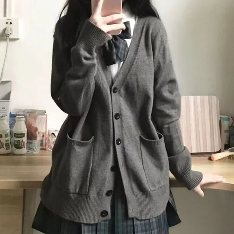 Japanese Solid V-neck College Sweater Outerwear Cardigan JK Uniform Button Pocket Loose Thin Long Sleeved Knit Top Autumn Winter