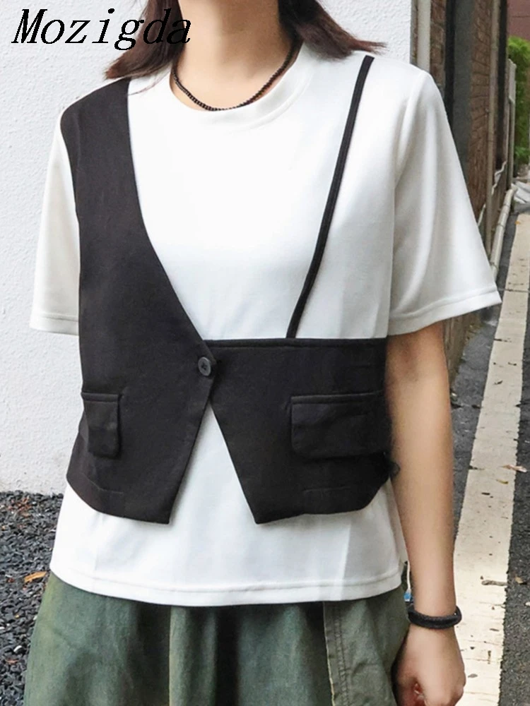 

Summer Women Black Irregular Color-block Big Size Casual T-shirt New Round Neck Short Sleeve Fashion Ladies Shirts Tops
