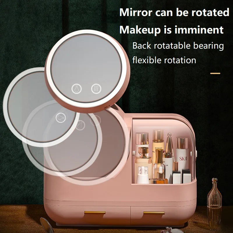 Creative makeup storage box dust belt mirror integrated desktop folding hide fan shelf home with light mini fan