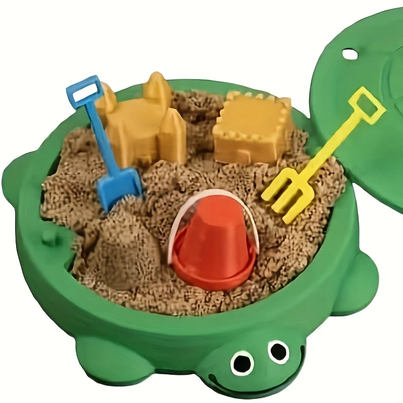 Mini caja de arena de tortuga con herramientas de pala, juguete para aliviar el estrés de escritorio con tapa, Kit de juego sensorial portátil, juego de arena