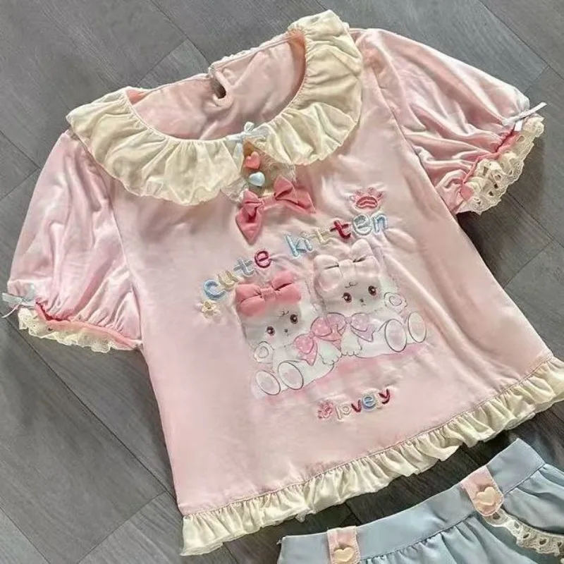 

Japanese Sweet Pete Pan Collar Tshirts Cartoon Print Short Sleeve Ruffles Patchwork Top Summer Aesthetic Jk Style Pullover Tees