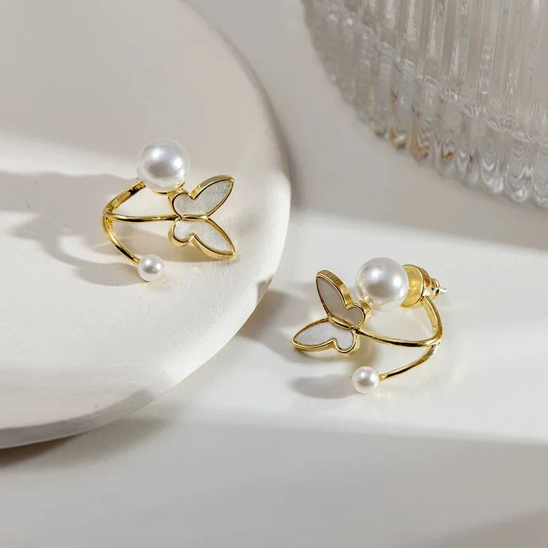

Gold Color Pearl Butterfly Stud Earrings For Woman Style Fashion Jewelry Wedding Party Girl's Accessories