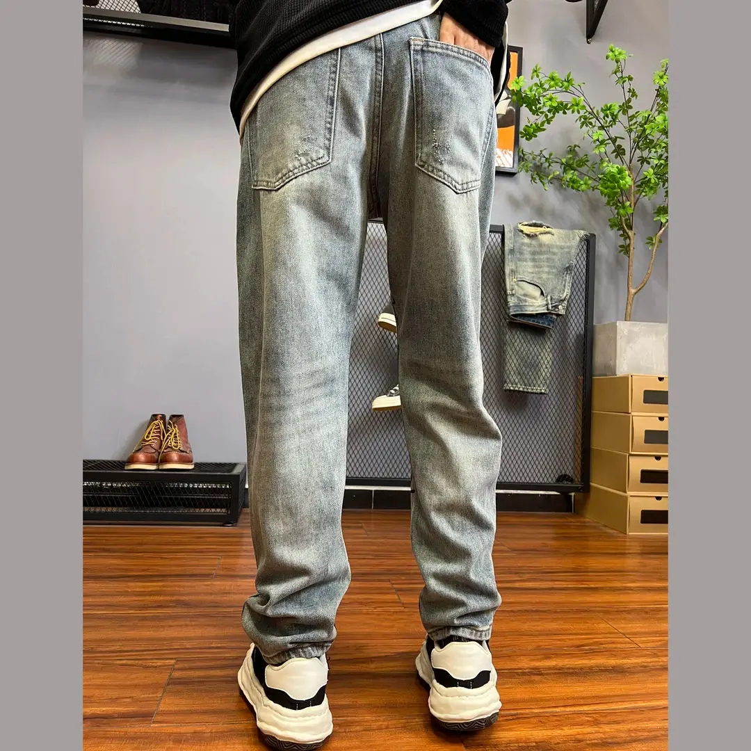 

Spring and Summer Retro Worn Jeans Men's Fashion Niche Printed Loose Cool Straight Tapered High-End Pants