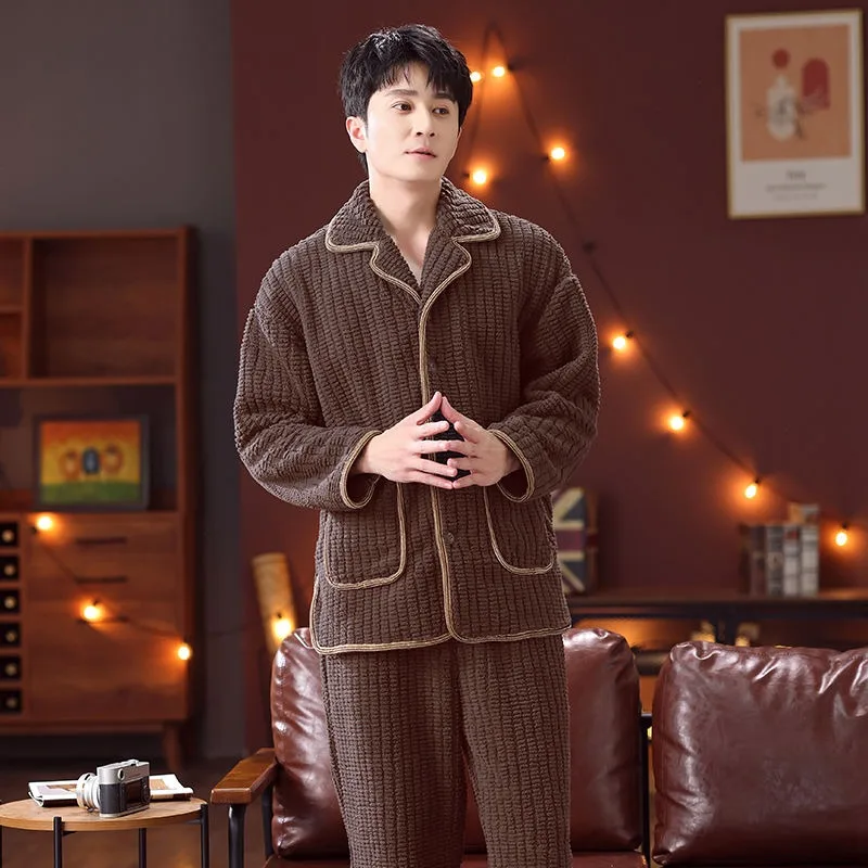 Coral Fleece Pajamas Male Wintertime Add Fleece To Thicken Flannel Men's Winter Style Can Be Worn Outside Loungewear Set