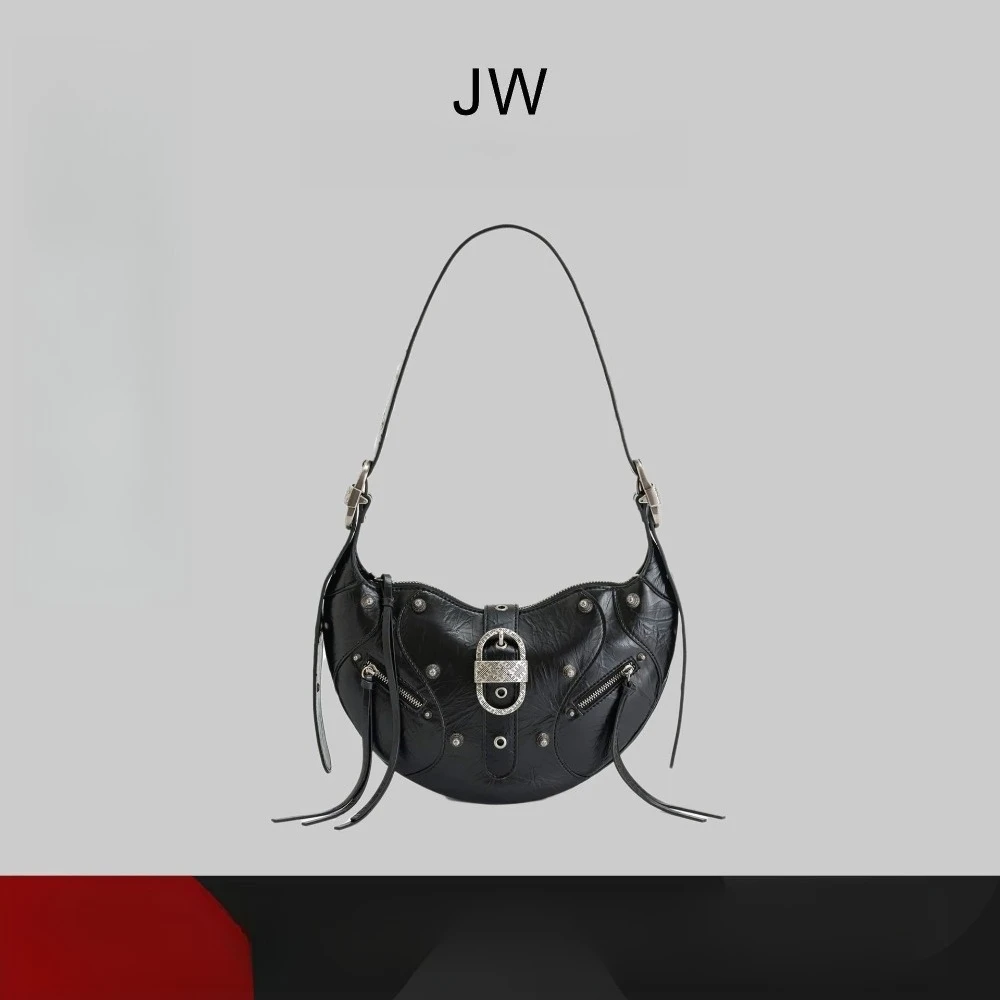 

JW Pei Croissant Waxed Leather Shoulder Crossbody Bag Tessa Large Capacity Motorcycle Bag Commuter Wear Underarm Bag