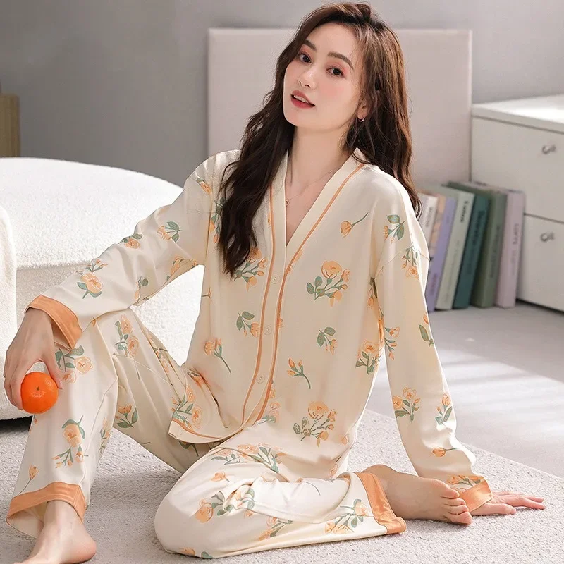 Women\'s Pajamas Set Plus Size Sleepwear Homewear Cardigan Long Sleeves Student Nightwear Loungewear Two-Piece Set Sweet Floral