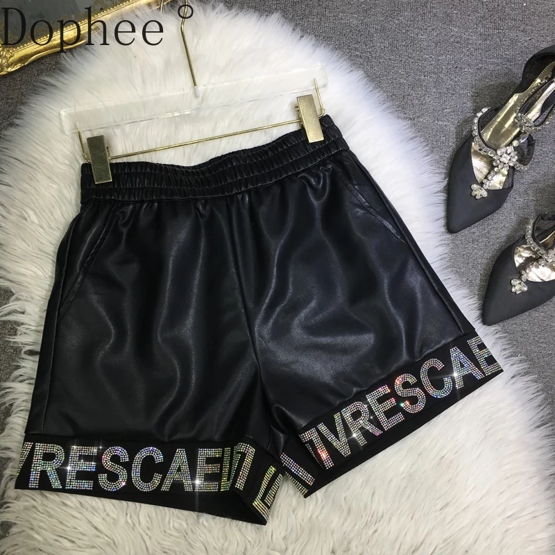 Blingbling Letters Hot Drilling Women Boots Shorts All-match 2025 New Spring Elastic High Waist Black PU Leather A-line Shorts