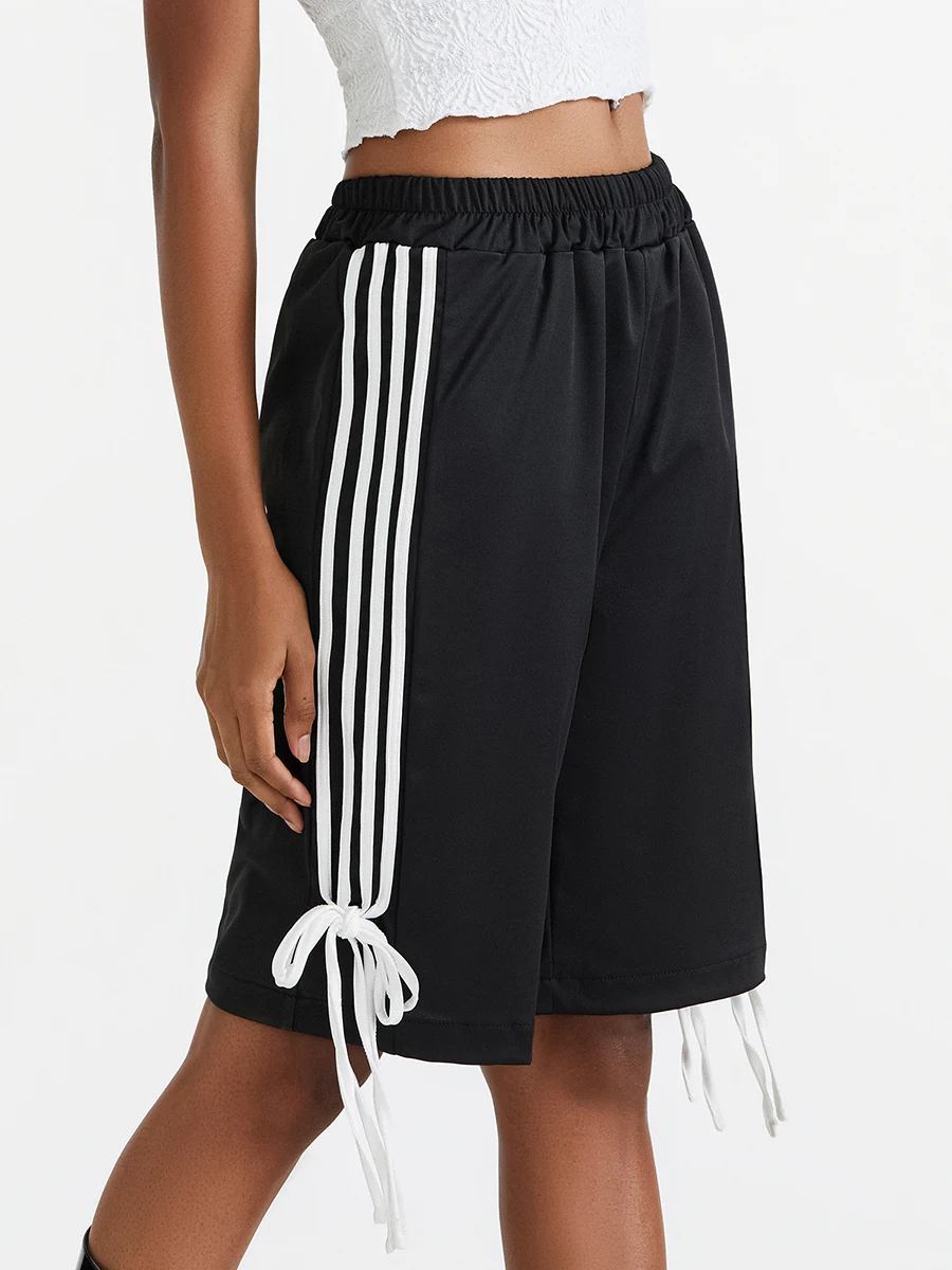 Pantalones cortos con pajarita para mujer, Shorts atléticos de pierna ancha para vacaciones de verano, ropa de calle negra, Y2k