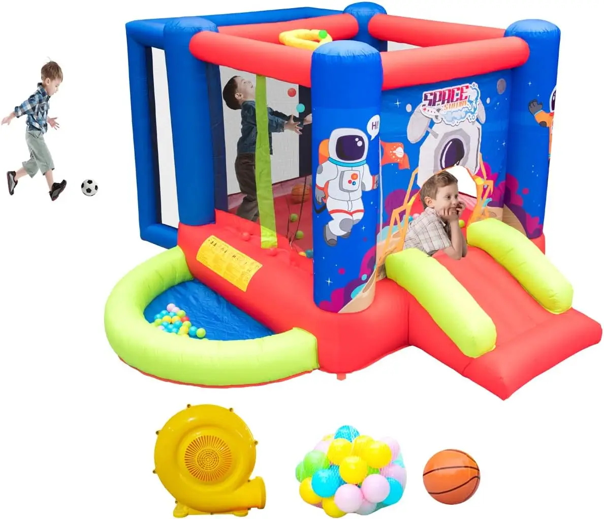 Bounce House with Slide, Jumping Castle with Blower for Kids Play House with Wave Pool