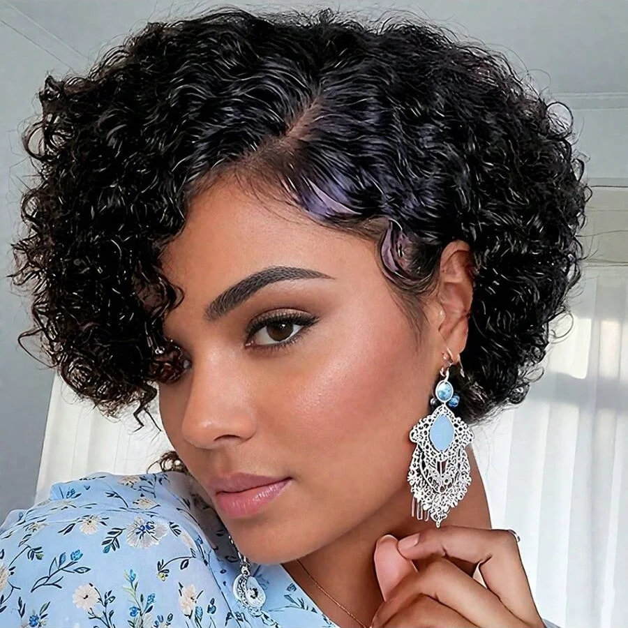 

13x4X1 Короткий парик пикси из натуральных волос на кружеве спереди, 6 дюймов, натуральный черный с резинкой, легкий, дышащий, для женщин, на каждый день