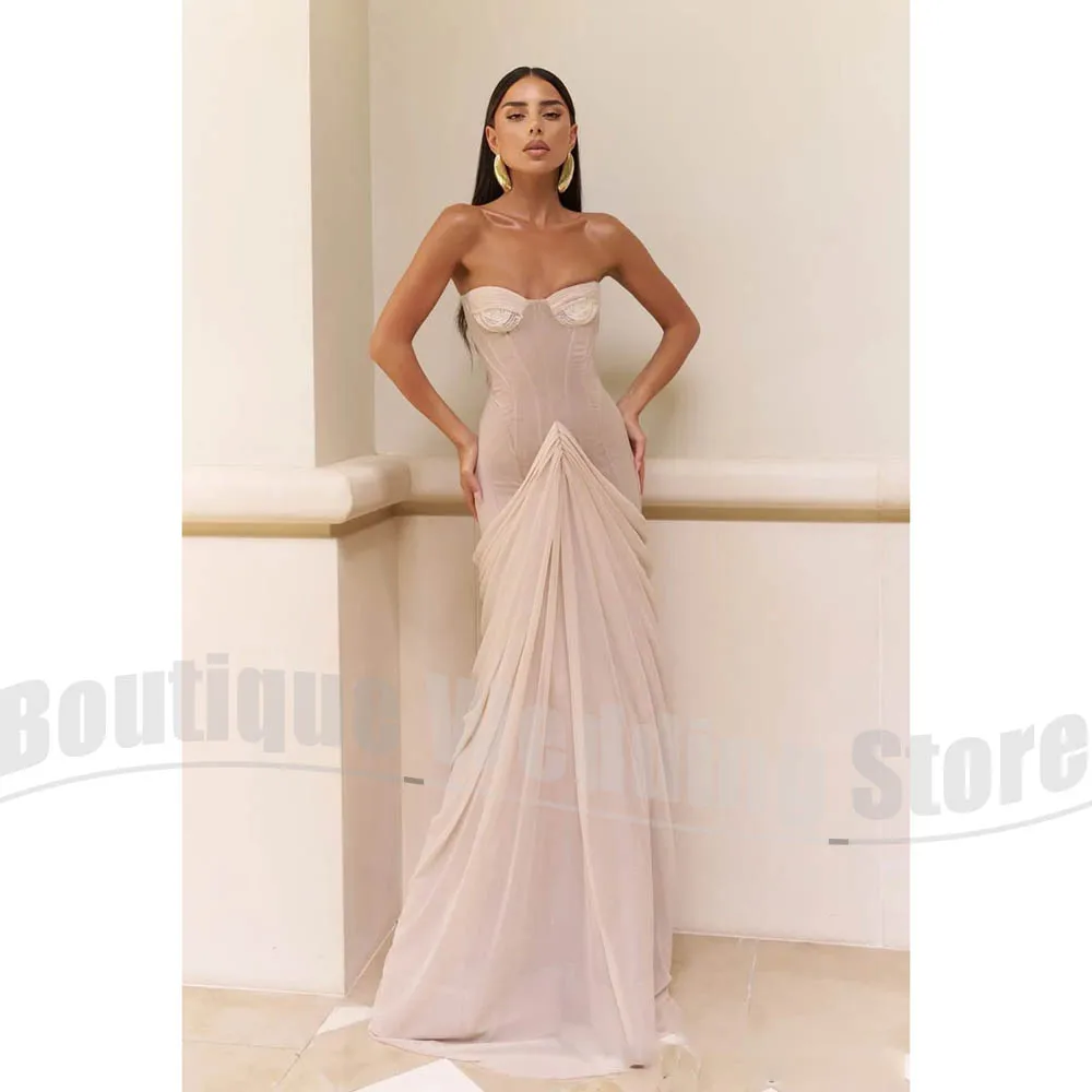 Mulheres sem alças vestido de baile moda sem mangas chiffon sereia ruched vestido de festa chique plissado até o chão vestido de noite