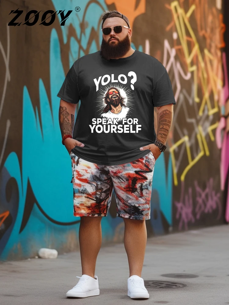 ZOOY (L-9XL) Plus Size Men's Waist 166cm Letter Printed Trendy Pattern Printed Casual Short sleeved T-shirt and Shorts Set