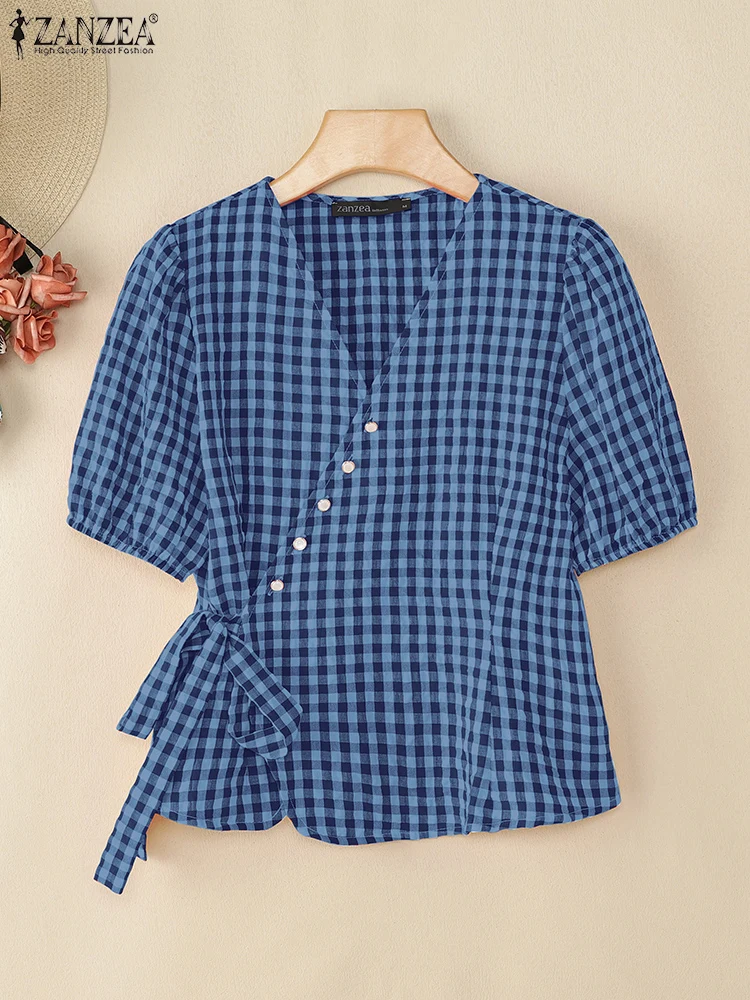 

ZANZEA элегантные повседневные рубашки с запахом, винтажные летние блузки с короткими рукавами-фонариками в клетку, женские топы с баской на талии и v-образным вырезом