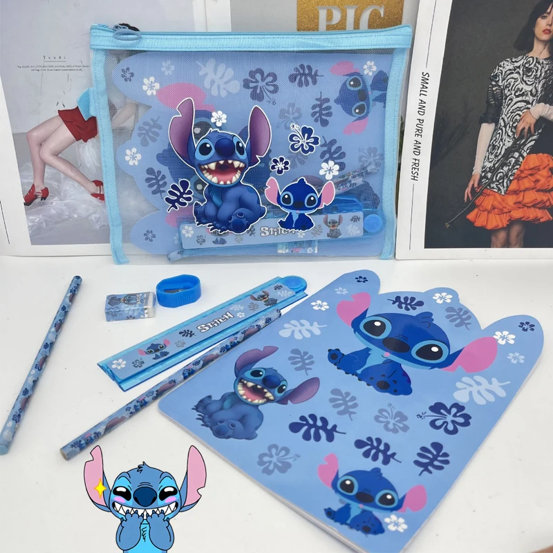 

Cartoon Disney Stitch Mesh Bag Stationery Set 7pcs Ruler Pencil Sharpener Eraser Set Kids School Supplies Children's Stationery