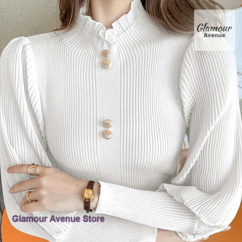 

French pure desire shirt slim half turtle neck women's spring and autumn new chiffon splicing lantern sleeve tight knit sweater