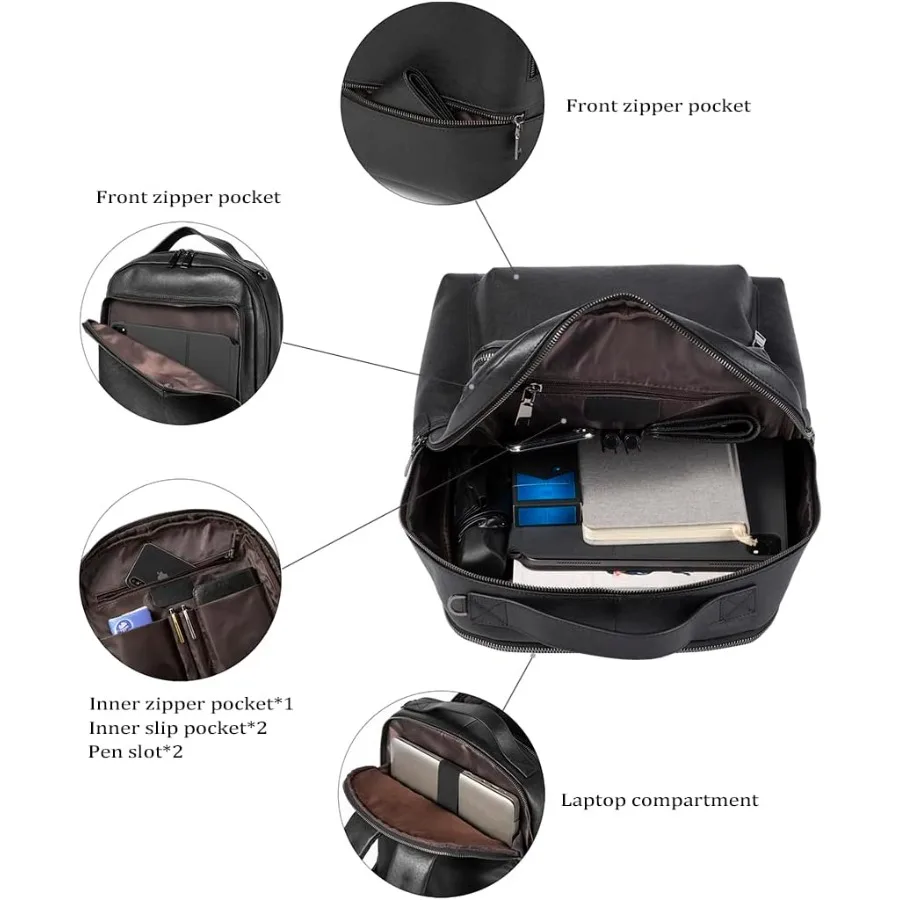 حقيبة ظهر للكمبيوتر المحمول من الجلد الطبيعي مقاس 15.6 بوصة للرجال والنساء حقيبة سفر للأعمال والمشي لمسافات طويلة حقيبة ظهر Daypack 2 # أسود #3