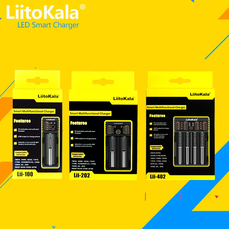 

LiitoKala Lii-100 lii-202 Lii-402 Lii-S2 S4 C2 D4 18650 Battery Charger For 26650 16340 14500 LiFePO4 1.2V Ni-MH Ni-Cd smart