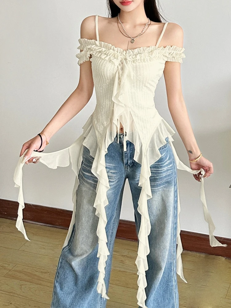 

Streetwear Fashion Irregular Ruffled Backless Vintage Tank Top Women Chic Y2k Sexy Tanks Summer Grunge Elegant Fairy Camisoles