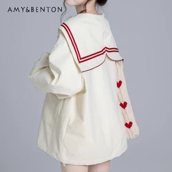 2024 New Japanese JK Uniform College Wind Autumn Winter Sweet Sailor Collar Pink and White Color Pocket Zipper Jacket For Women