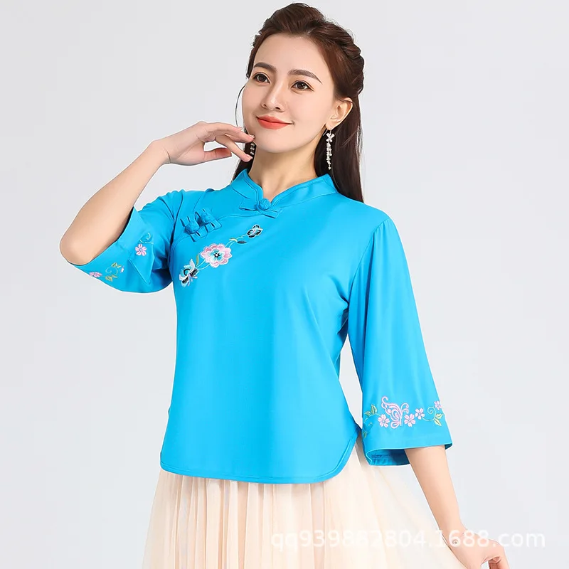 Square dance costume, dance costume, top with middle sleeves, Chinese style, new Chinese style embroidery, trumpet sleeves, top