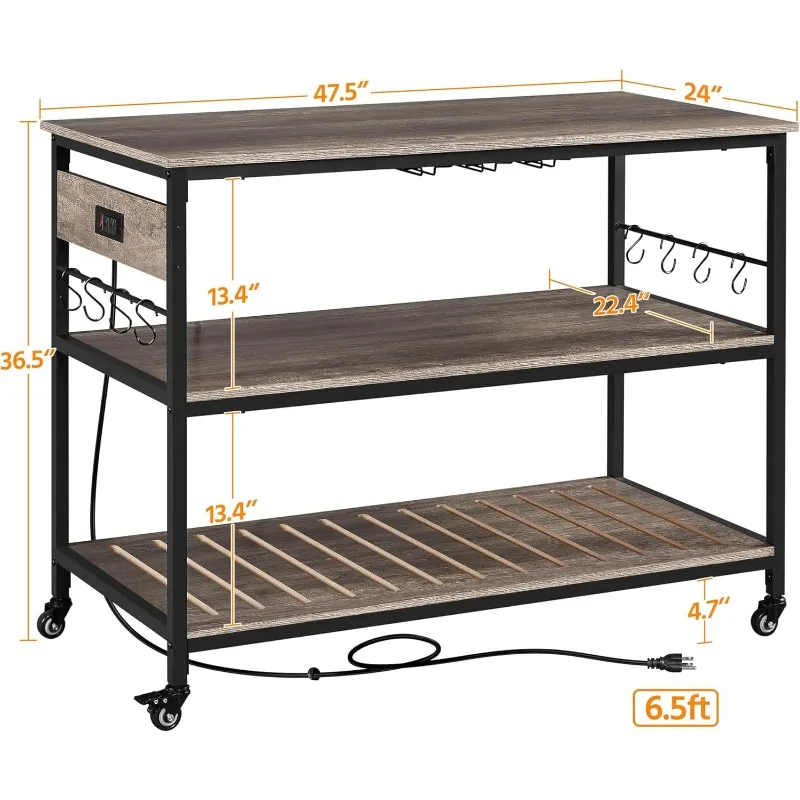 Kitchen Cart with Power Outlet, Rolling Kitchen Island on Wheels with Glass Holder & Hooks, Utility Trolley Cart Coffee Bar